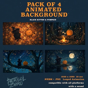 May include: A digital pack of 4 animated backgrounds featuring a black kitten and a pumpkin. The scenes include the characters in autumn leaves, by a campfire, on a tree branch under a starry sky, and fishing by a lake. Text reads PACK OF 4 ANIMATED BACKGROUND BLACK KITTEN & PUMPKIN, 1920 x 1080 10 sec .WEBM + .PNG Looped Animation.