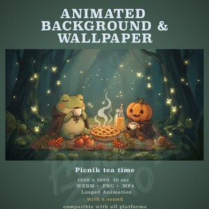 Könnte beinhalten: Ein animierter Hintergrund und Wallpaper mit dem Titel Picnik tea time, der einen grünen Frosch und eine Kürbisfigur bei einem Picknick in einem dunklen Wald mit Glühwürmchen, Kuchen, Äpfeln, Getränk und Schnecke zeigt, 1920 x 1080, 10 sec, .WEBM, .PNG, .MP4.