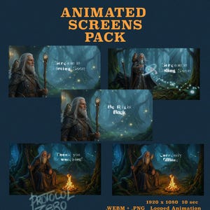 May include: An animated screens pack featuring a wizard with a white beard and an owl in a forest setting. The screens include text: Stream is Starting Soon, Stream is Ending Soon, Be Right Back, Thank you for watching, and Currently Offline.