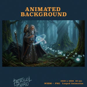 May include: An animated background featuring a bearded wizard in a dark cloak with an owl on their shoulder, holding a glowing blue orb in a forest. Text reads: ANIMATED BACKGROUND, PROTOCOL ZERO, 1920 x 1080, 10 sec, .WEBM + .PNG, Looped Animation.