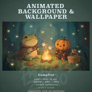 May include: An animated background and wallpaper featuring a green frog in a brown cloak and a pumpkin-headed character in a dark robe roasting marshmallows over a campfire. The scene includes fireflies, fallen leaves, and a snail on a basket.