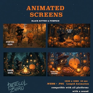 May include: Animated screens featuring a black kitten and pumpkin theme. Includes four scenes: riding bicycles, a picnic, a campfire, and a basket of treats. Text includes "ANIMATED SCREENS", "BLACK KITTEN & PUMPKIN", "STARTING SOON!", "BE RIGHT BACK!", "ENDING SOON!", and "THANKS FOR WATCHING!".