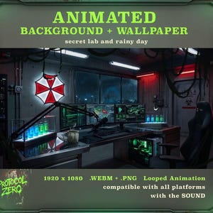 May include: Animated wallpaper depicting a secret lab on a rainy day. The image shows a computer setup with multiple screens, a red and white umbrella logo, and the text "ANIMATED BACKGROUND + WALLPAPER". The resolution is 1920 x 1080.