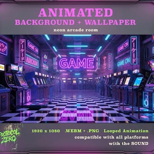 May include: An animated neon arcade room background and wallpaper. The image features a row of arcade machines with neon signs that say "GAME" and "GAME ON". The floor has a black and white checkered pattern. The image is compatible with all platforms and includes sound.