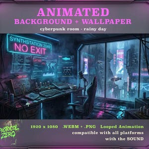 May include: Animated cyberpunk room wallpaper with neon signs reading "SYNTHSTATION 2049" and "NO EXIT." The image features a futuristic interior with computer screens, a desk, and a rainy cityscape visible through a large window. The text "PROTOCOL ZERO" is also visible.