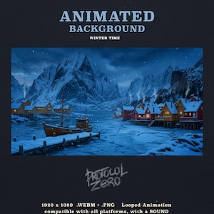 May include: An animated background titled ANIMATED BACKGROUND WINTER TIME featuring a snowy coastal village with yellow and red houses, a wooden boat at a dock, and icy water under a dark sky. Includes 1920 x 1080 .WEBM + .PNG files.