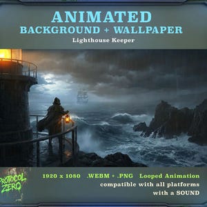 Arrière-plan animé : boucle de lanterne Stormy Lighthouse, homme gardien, tempête océanique, vidéo de pluie, scène en streaming, humeur effrayante, jeux fantastiques
