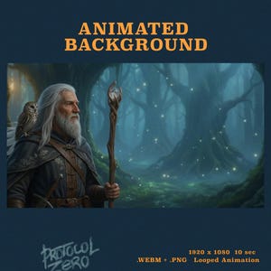 May include: An animated background featuring an elderly wizard with long white hair and a beard, wearing a dark cloak, holding a wooden staff with a crystal topper, and an owl on their shoulder, set in a misty forest with glowing lights.