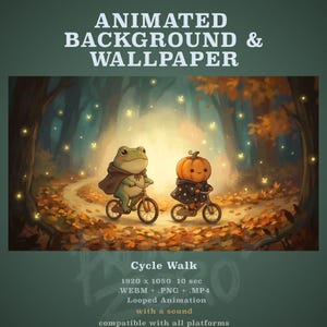 May include: Animated background and wallpaper featuring a frog in a brown cape and a pumpkin-headed character in a star-patterned cloak riding bicycles through a forest path with fallen leaves and glowing fireflies. Text reads Cycle Walk.