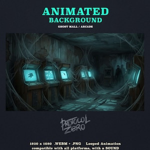 May include: An animated background featuring a dark, abandoned arcade with rows of glowing, cobweb-covered game cabinets. The text reads ANIMATED BACKGROUND GHOST MALL / ARCADE, PROTOCOL ZERO, and 1920 x 1080 .WEBM + .PNG Looped Animation compatible with all platforms, with a SOUND HTTPS://PROTOCOLZEROSHOP.ETSY.COM.