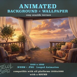 Puede incluir: Un fondo de pantalla animado que muestra una acogedora terraza junto al mar con sillas de madera, plantas en macetas y cortinas blancas frente a una puesta de sol. El texto dice ANIMATED BACKGROUND + WALLPAPER, cozy seaside terrace, 1920 x 1080, .WEBM + .PNG, Looped Animation, compatible with all platforms 1920x1080 with a SOUND, y PROTOCOL ZERO.