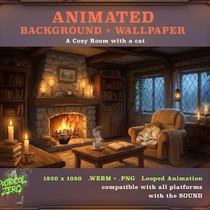 Arrière-plan animé - Chambre confortable avec un chat dans la maison en pierre, papier peint, arrière-plan confortable, cheminée, thé, scène de streaming, humeur de pluie