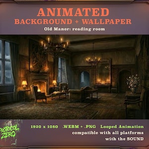Sfondo animato - Carta da parati Sala di lettura infestata, interni di biblioteca di un vecchio maniero, estetica gotica accogliente, video dark loop Vtuber 1920x1080
