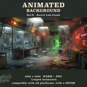 May include: An animated digital background featuring a sci-fi secret lab crash scene with broken glass, scattered papers, loose cables, and a yellow hazmat suit on the floor. The room is filled with green smoke, red warning lights, and screens.