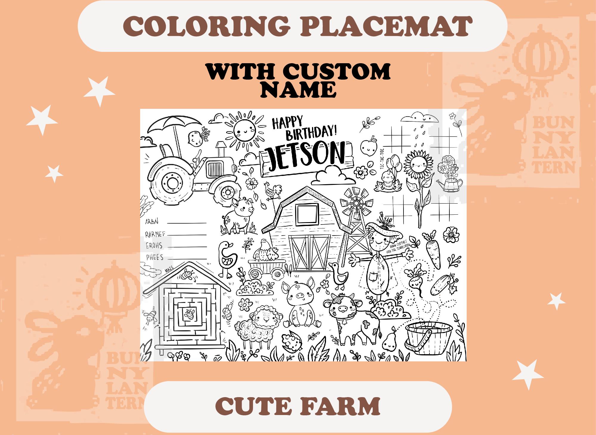 Farm Birthday Coloring Placemat, Personalized Kids Activity (digital ...