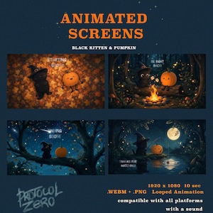 May include: Animated screens featuring a black kitten in a witch hat and a smiling pumpkin. Four scenes show them in autumn leaves, by a campfire, on a tree branch, and fishing under a full moon. Text includes ANIMATED SCREENS, BLACK KITTEN & PUMPKIN.