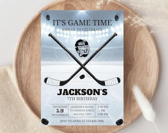 May include: A hockey-themed birthday invitation with the text "IT'S GAME TIME" and "JOIN US TO CELEBRATE". The invitation features crossed hockey sticks, a helmet, and a puck against a hockey rink backdrop. Details include the date, time, and RSVP information.