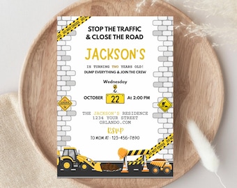 Construction Birthday Invitation, Dump Truck Party Invite, Construction Invitation, 2nd Birthday Invite, Digital Download, Canva Editable.