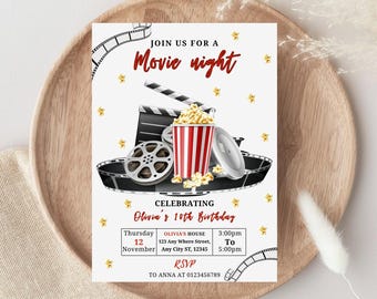 Movie Night Birthday Invitation, Movie Party Invitation, Cinema Invitation, Girls Movie Party, Girls Movie Party, Digital Download, Canva