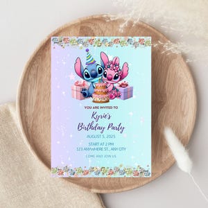 Editable Stitch Birthday Invitation, Lilo and Stitch Invitation, Kids Stitch Angel Birthday Invite,  Editable Digital Kids Bday Card.