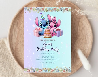 Bearbeitbare Stitch-Geburtstagseinladung, Lilo und Stitch-Einladung, Kids Stitch Angel-Geburtstag einladen, editierbare digitale Kinder-Geburtstagskarte.