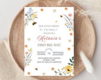 Invitación editable para el primer día de las abejas, primer cumpleaños de niña con flores, invitación de cumpleaños para el primer día de las abejas con miel, invitación para fiesta de abejorros, descarga instantánea.