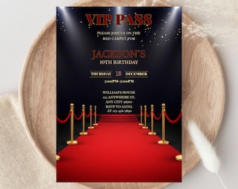 Editable VIP Pass Red Carpet Birthday Invitation, VIP Pass Birthday Party, Glamorous Red-Carpet Invitation, Canva Template.