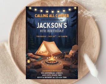 Bearbeitbare Camping Geburtstagseinladung, Kinder Camping Geburtstagseinladung, Hinterhof Camping Einladen, Lagerfeuer Party, sofortiger Download, Canva.