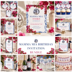 Pode incluir: Um conjunto de papelaria para aniversário com tema Mamma Mia, apresentando gráfico de bola de discoteca, flores de buganvília rosa e bordas decorativas azuis. Inclui convites, etiquetas, topos de cupcake, rótulos e faixa de aniversário.