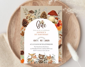 Convite de 1º aniversário em Woodland, convite Wild One, convite de animais da floresta, modelo de convite de aniversário de raposa, veado, urso e animais da floresta