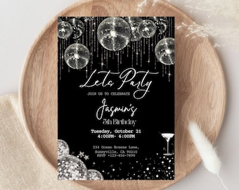Verjaardagsuitnodiging discofeest, zwarte en zilveren glitter verjaardag, discobal verjaardag, afdrukbaar dansfeest, bewerkbare canvassjabloon.
