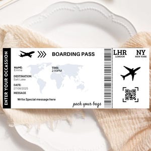 Cartão de embarque surpresa editável, modelo de cartão de embarque Canva, passagem de férias, cartão de embarque personalizado com raspadinha, download instantâneo.