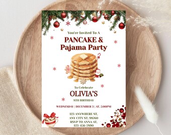 Christmas Pancakes Pajama Party Invitation, Holiday Pancake Party Invite Template, Christmas Party, Editable Canva, Digital Download.