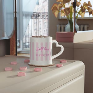 Self Love Mug with Heart Handle Pink Stripes Gift for Women Girlfriends Selfcare Valentine&#39;s Day Motivational Mug