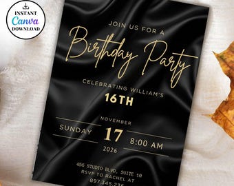 Invitación de cumpleaños negra y dorada para el 30 cumpleaños de él. Invitación moderna negra editable en Canva. Descarga digital.