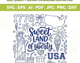 Dulce Tierra de la Libertad Doodle SVG PNG, Preppy 4 de Julio Svg, Día de la Independencia svg, Sublimación Patriótica, Cricut