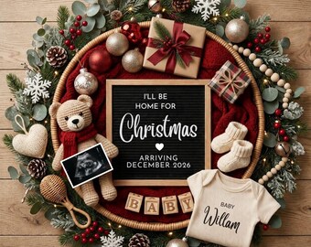 Anuncio de embarazo navideño, plantilla editable de género neutro (descarga digital)