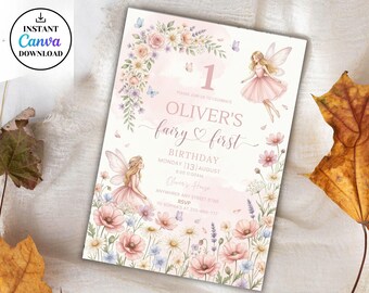 Invitación de primer cumpleaños de hada para niña, Invitación de primer cumpleaños de hada, Invitación de primer cumpleaños para niña, Cumpleaños de hada del jardín, Plantilla Canva E02