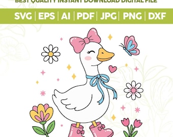 Ganso coqueto rosa SVG PNG, Ganso floral primaveral SVG, Ganso hembra, Lazo coqueto, Mamá gansa PNG, Imágenes prediseñadas de animales divertidos, Cricut