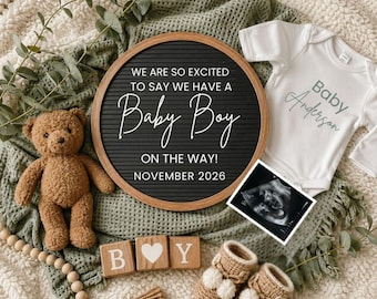 Zwangerschap aankondiging babyjongen digitale sjabloon, bewerkbare jongen geslacht onthullen, het is een jongen broertje, sociale media aankondiging sjabloon