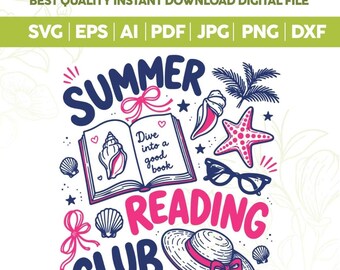 Club de lectura de verano SVG PNG, diseño de lector playero svg, garabato veraniego preppy con estilo literario svg, camiseta moderna para amantes de los libros png, archivos Cricut