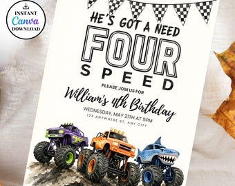 Invitación de cumpleaños número 4 de Monster Truck, invitación imprimible editable Need FOUR Speed Boom Crash Monster Bash, plantilla de cumpleaños de camiones para niños
