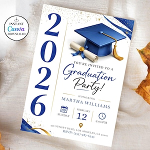 May include: A graduation party invitation with a blue mortarboard, scroll, and the text "2026." The invitation reads "You're Invited to a Graduation Party!" honoring Martha Williams, with date, time, and RSVP information.