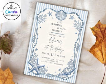 Invitación de cumpleaños "El verano en que me volví guapa" - Invitación de cumpleaños con temática costera - Fiesta en la playa (Plantilla imprimible editable), BDY008