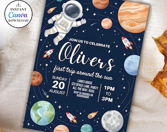 Invitación de cumpleaños espacial, invitación de galaxia, invitación de cumpleaños espacial, astronauta, espacio exterior, cohete espacial, planetas, fiesta para niño o niña, plantilla de Canva