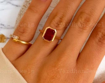 Classic Emerald Cut Ruby Bezel Set Ring, Dainty July Birthstone Gold Ring, Minimalist Solitaire Engagement Birthday Gift for Her