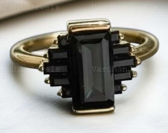 Pierścionek z 14-karatowego złota z czarnym onyksem i bagietką, pierścionek w stylu art déco, pierścionek koktajlowy w stylu vintage, wyrazisty prezent biżuteryjny dla niej