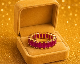 18K Solid GoldEmerald Cut Ruby Eternity Band Ring Wedding Band, July Birthstone Ruby Anniversary Gift Ring for Women