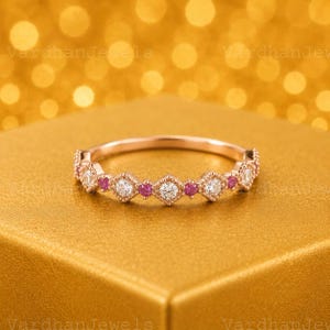 14K Solid Gold Vintage Ruby & Diamond Wedding Band, Half Eternity Stackable Ring, Round Cut Ruby Anniversary Band, Art Deco Bridal Jewelry