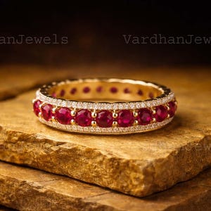 Ruby Moissanite Eternity Wedding Band 18K Solid Gold, Three Row July Birthstone Ring, Hidden Halo Anniversary Band, Dainty Stackable Ring